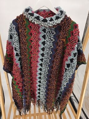 SO SOFT Multicolor Crocheted Pancho Sweater With Collar No Arm Holes One Size
